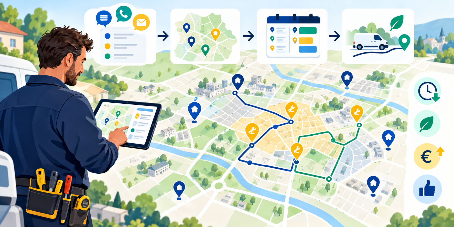 Schéma GEOBI pour visualiser les demandes, les zones de chantier et les tournées d’un artisan